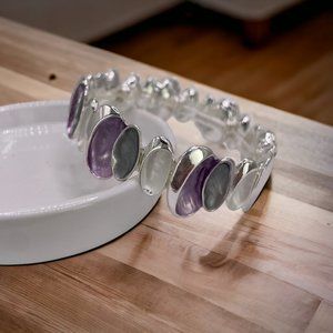 Bracelet, Stretch, Silver Tone, Lilac, Gray, White Inlay Oval 7.5" - 8.25"